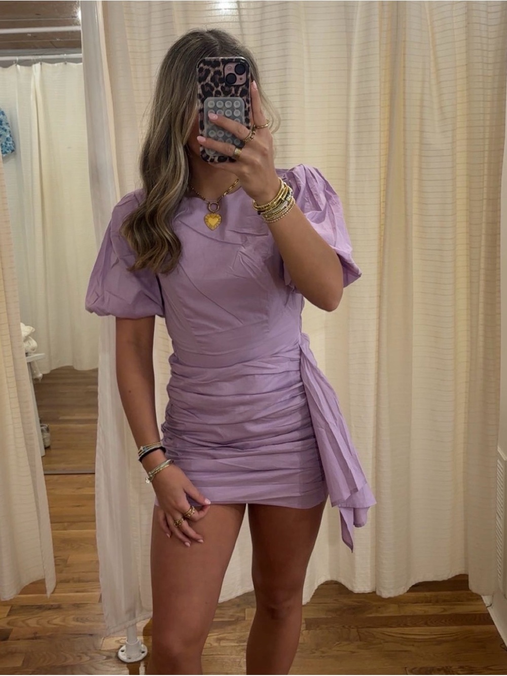 strut and bolt Lilac Puff-Sleeve Ruched Mini Dress size small